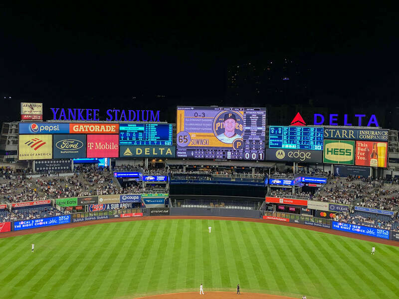 A picture of Yankee Stadium during a game between the Yankees and Pirates.