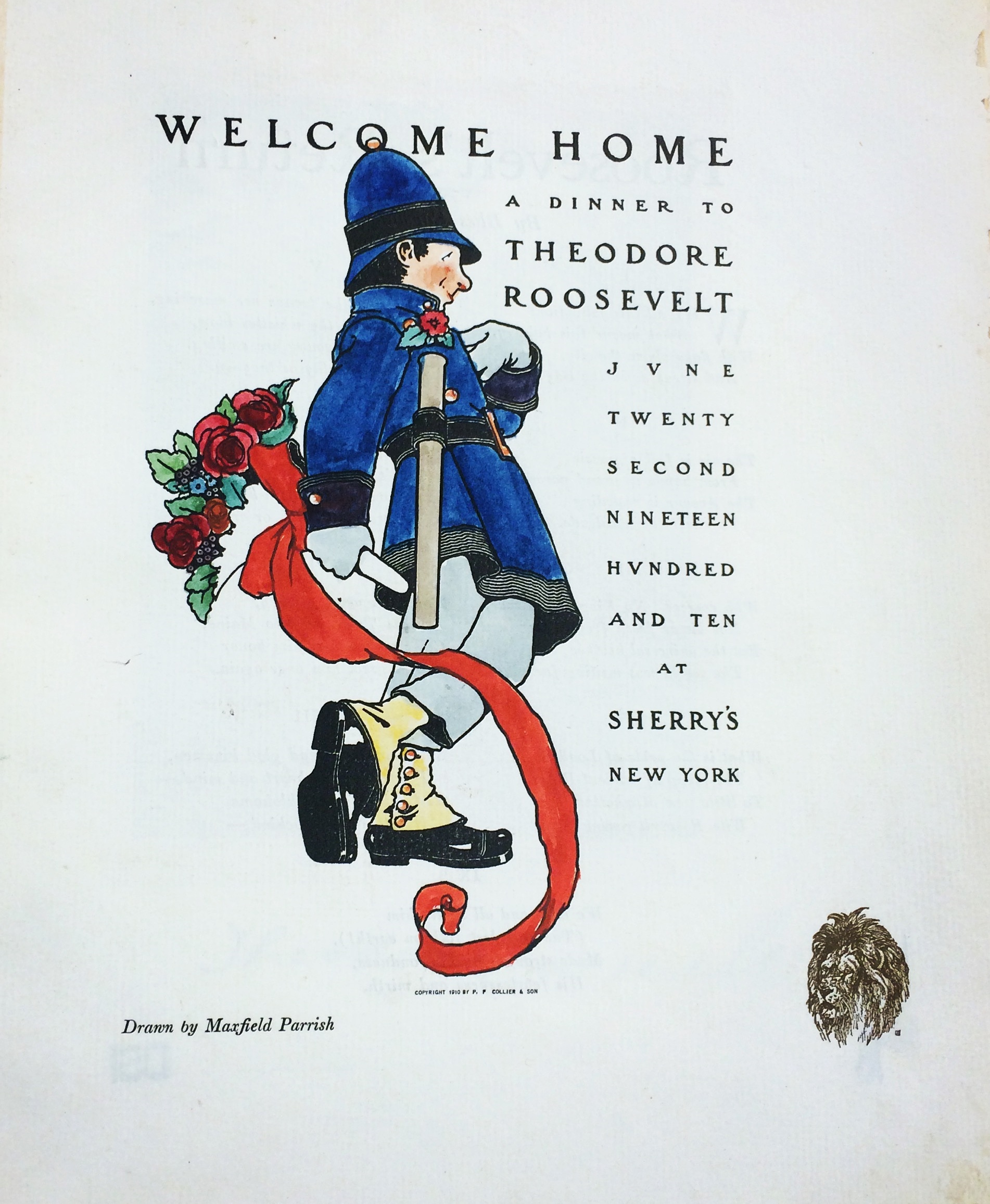 Front cover of the souvenir pamphlet for a dinner given in Theodore Roosevelt's honor, June 22, 1910, at Louis Sherry's restaurant in New York. The illustration is by Maxfield Parrish. From the Cullman Library of the Smithsonian Libraries,