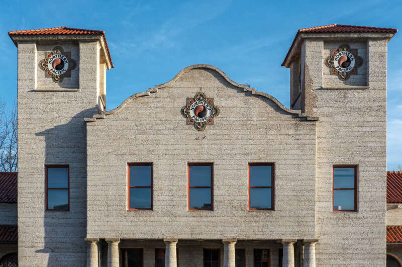 The old Northern Pacific Railway Depot, built in a Mission-Revival style in 1901 in downtown Bismarck, North Dakota, USA.  The building now houses a Mexican restaurant.
