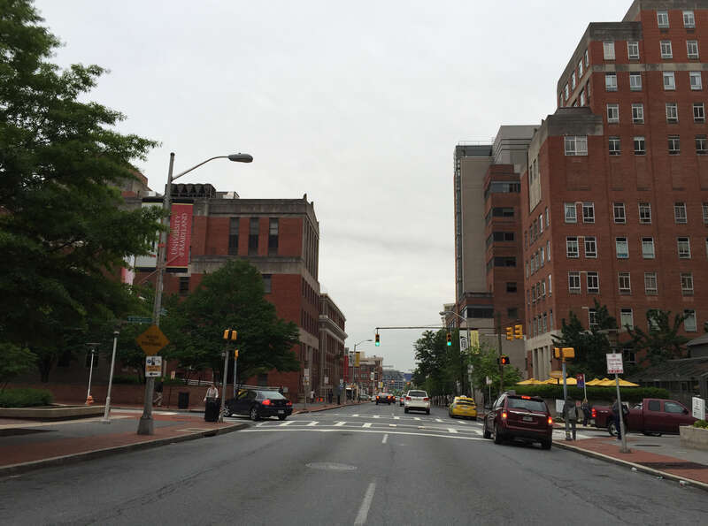 View south along Greene Street (Maryland State Route 295) near Baltimore Street in downtown Baltimore City, Maryland