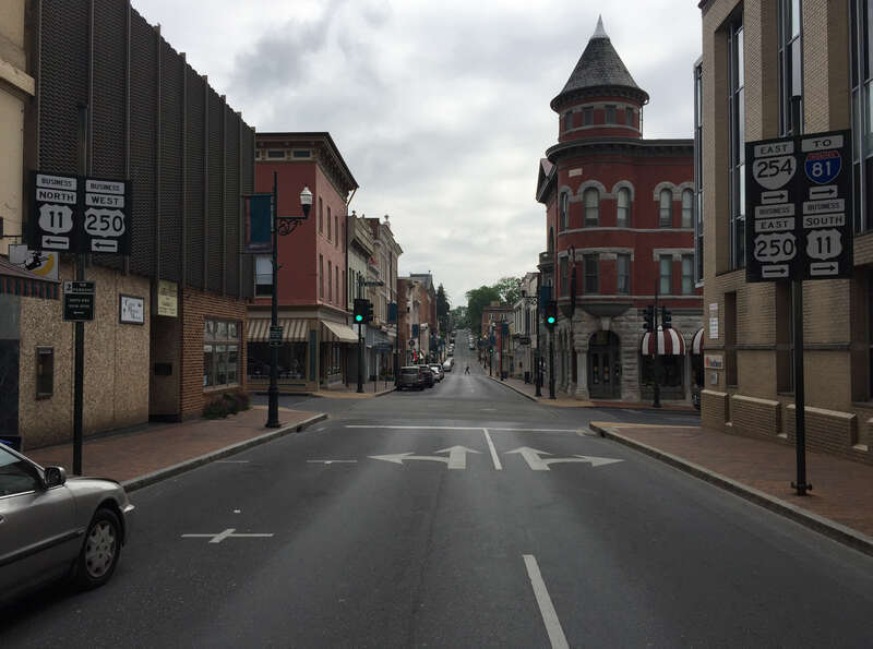 View east along West Beverly Street (Virginia State Route 254) at Augusta Street (U.S. Route 250 and U.S. Route 11 Business) in Staunton, Virginia