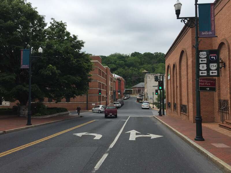 View south along Augusta Street (Virginia State Route 254 eastbound, U.S. Route 11 Business southbound, U.S. Route 250 eastbound) between Barristers Row and Johnson Street in Staunton, Virginia