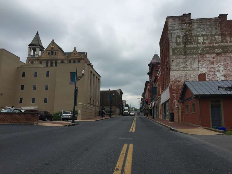 View north along Augusta Street (U.S. Route 250 westbound, U.S. Route 11 Business northbound, Virginia State Route 254 westbound) between Johnson Street and Barristers Row in Staunton, Virginia