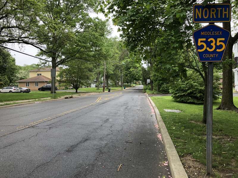 View north along Middlesex County Route 535 (Plainsboro Road) at Main Street in Cranbury Township, Middlesex County, New Jersey