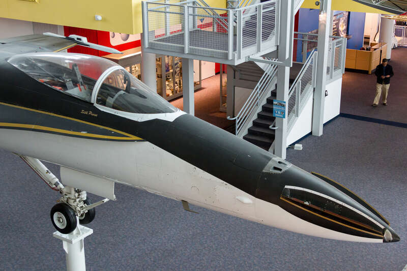 The F/A-18 High Alpha Research Vehicle (HARV) on display at the Virginia Air and Space Center in Hampton, Virginia.