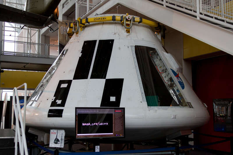The Orion space capsule pad abort test vehicle on display at the Virginia Air and Space Center in Hampton, Virginia.
