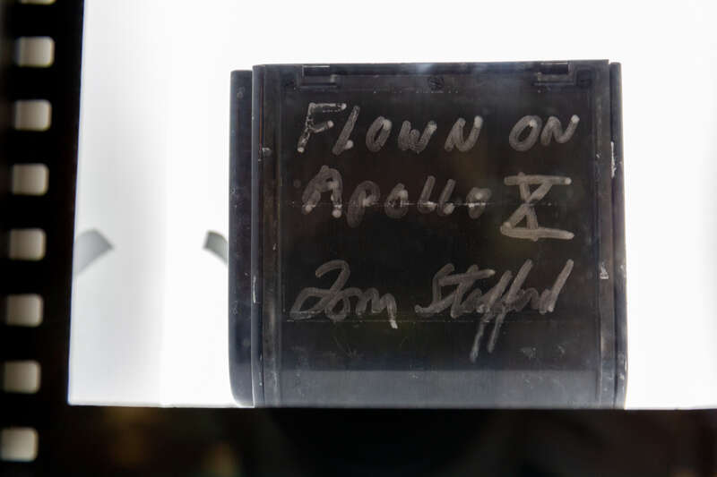 The Apollo 10 camera back, signed by Tom Stafford, on display at the Cosmosphere.