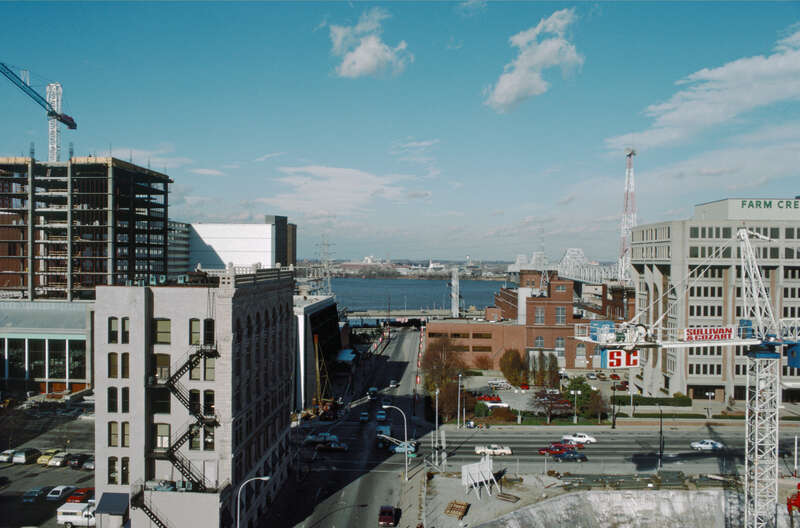 Looking N from roof of Levy Building at NE corner of 3rd and Market Sts.
In right foreground, construction of foundation of One Corporate Plaza at SE corner of 3rd and Main Sts. (later LG&amp;amp;E corporate offices).
Left of center, 300 Building (also