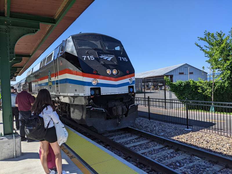 Amtrak #715 on the rear of the southbound Ethan Allen Express at Burlington in July 2022
