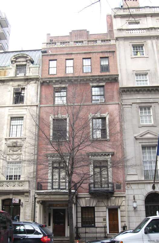 Looking north across East 79th at 63 East 79th Street, the Thatcher and Frances Adams house on a cloudy afternoon.  NYCLPC designation 1981.  Building to its immediate right is File:Greek Consulate 69 E79 jeh.JPG. On its left is File:Iselen house 59