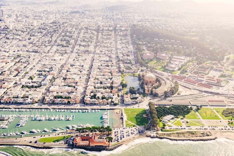Aerial view of The Palace of Fine Arts and San Francisco Bay trails