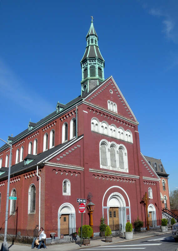 Looking east at Roman Catholic Church of the Annunciation on a sunny afternoon.