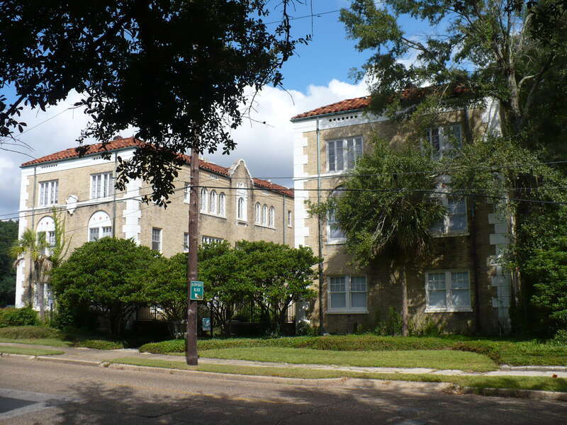 Azalea Court Apartments in Mobile, Alabama.  An example of Spanish Colonial Revival architecture of the Central Gulf Coast of the United States.  Individually listed on the National Register of Historic Places.