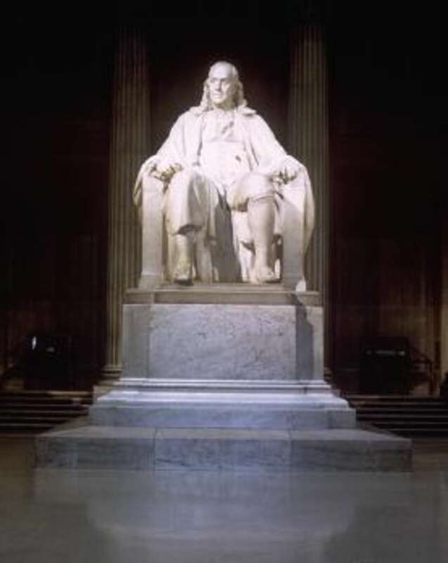 en:Benjamin Franklin National Memorial is located in the rotunda of the en:Franklin Institute in en:Philadelphia, Pennsylvania. The 20 foot high marble statue was sculpted by en:James Earle Fraser circa 1938.  Image cropt from a en:National Park