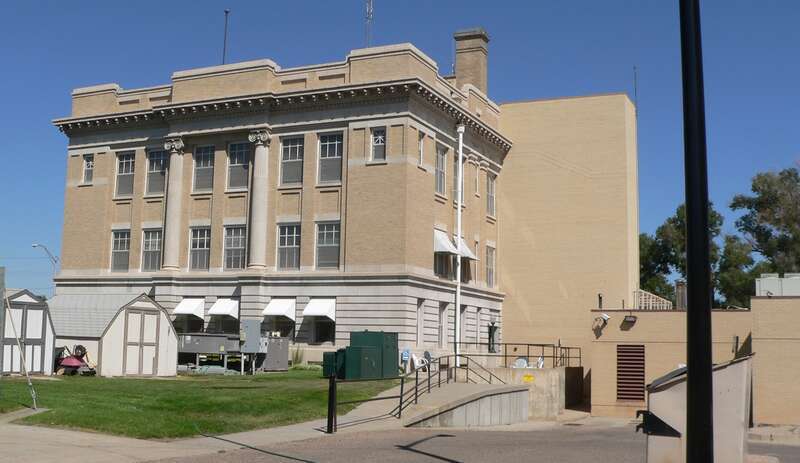 Box Butte County Courthouse on east side of Box Butte Avenue between 5th and 6th Streets in Alliance, Nebraska; seen from the southeast.  The cornerstone of the Beaux-Arts building was laid in 1913.  The courthouse is listed in the National Register