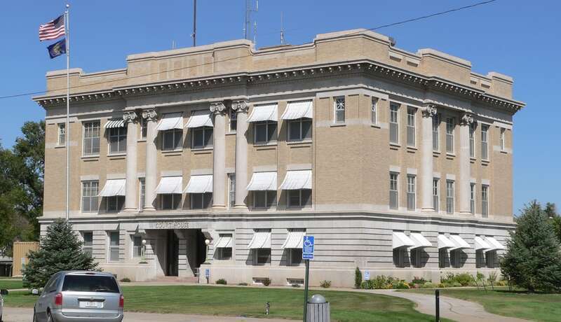 Box Butte County Courthouse on east side of Box Butte Avenue between 5th and 6th Streets in Alliance, Nebraska; seen from the southwest.  The cornerstone of the Beaux-Arts building was laid in 1913.  The courthouse is listed in the National Register