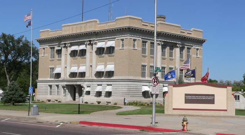 Box Butte County Courthouse on east side of Box Butte Avenue between 5th and 6th Streets in Alliance, Nebraska; seen from the southwest.  The cornerstone of the Beaux-Arts building was laid in 1913.  The courthouse is listed in the National Register