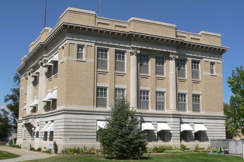 Box Butte County Courthouse on east side of Box Butte Avenue between 5th and 6th Streets in Alliance, Nebraska; seen from the southwest.  The cornerstone of the Beaux-Arts building was laid in 1913.  The courthouse is listed in the National Register