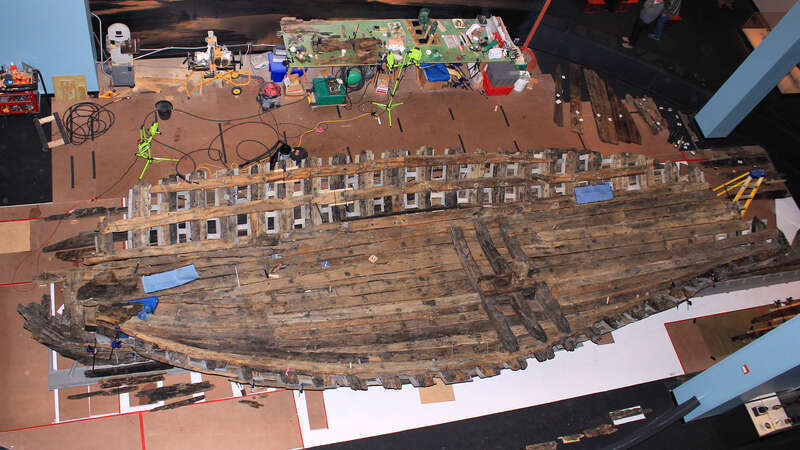 The ongoing reconstruction of the French ship La Belle at the Bullock Texas State History Museum in Austin, Texas, United States.