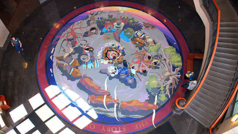 The Story of Texas Floor Mosaic Born Around the Campfires of Our Past on the floor of the rotunda of the Bullock Texas State History Museum in Austin, Texas, United States.