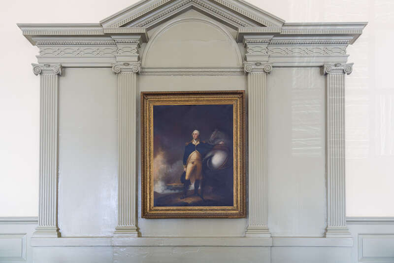 Copy of &quot;Washington at Dorchester Heights&quot; by Jane Stuart (Gilbert Stuart's daughter) in 1820. At The Old Colony House, also known as Old State House or Newport Colony House, Newport, Rhode Island
