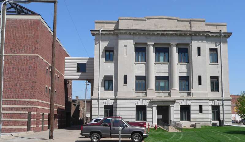Dodge County Courthouse in Fremont, Nebraska; seen from the south.  The Classical Revival building was constructed in 1917.  It is listed in the National Register of Historic Places.