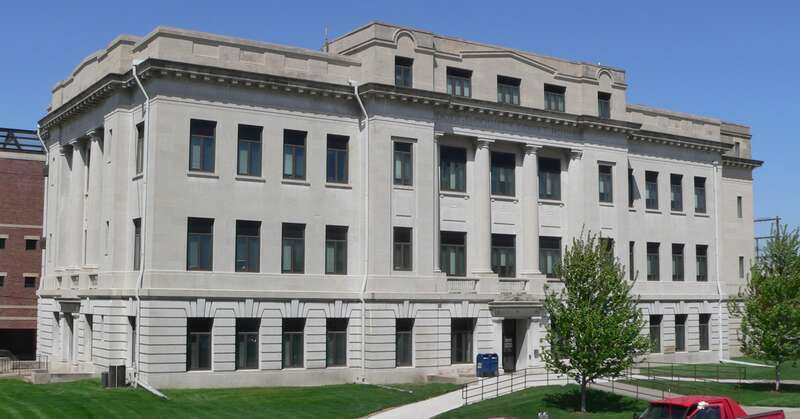 Dodge County Courthouse in Fremont, Nebraska; seen from the southeast.  The Classical Revival building was constructed in 1917.  It is listed in the National Register of Historic Places.