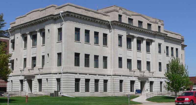 Dodge County Courthouse in Fremont, Nebraska; seen from the southeast.  The Classical Revival building was constructed in 1917.  It is listed in the National Register of Historic Places.