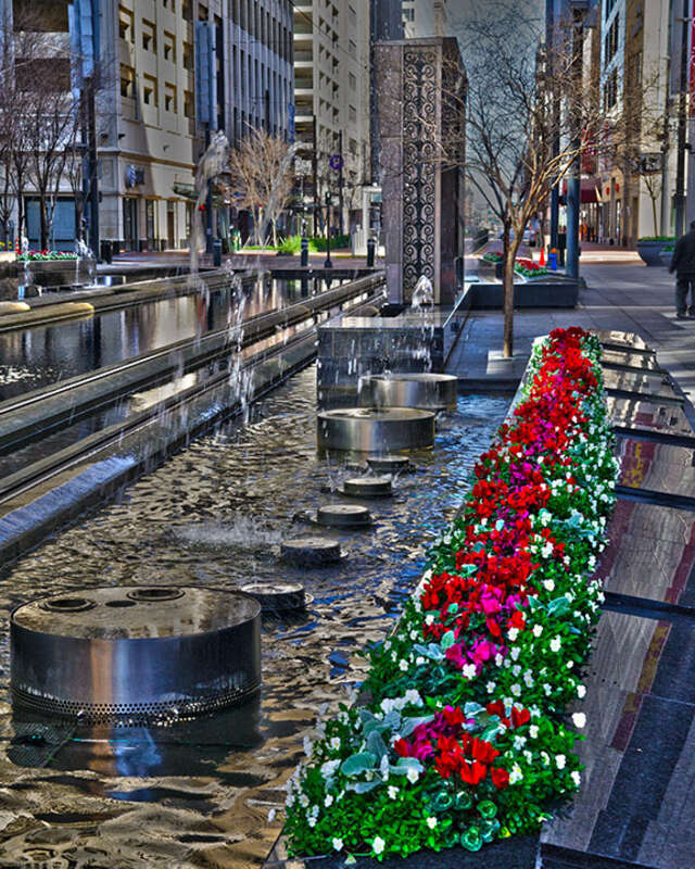 Some of the decoration beside the rail line in downtown Houston