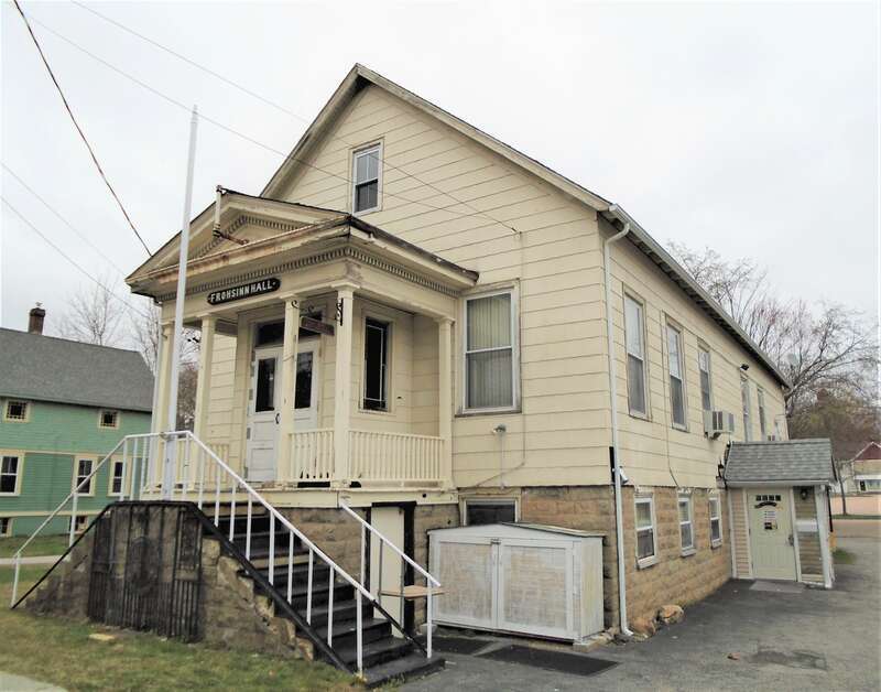 Frohsinn Hall of the Social Society of Frohsinn at 54 Greenmanville Avenue in Mystic, Connecticut was built 1906 and is part of the Bossie Velvet Mill Historic District. (Source: NRHP nomination form)