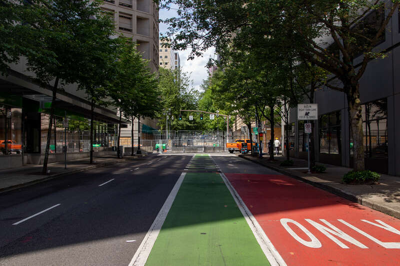 Closure of Main Street at Multnomah County Justice Center during George Floyd protests in Portland, Oregon.