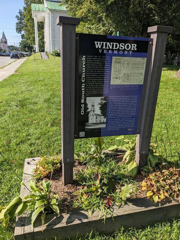 Historical plaque for Old South Church at 146 Main Street in downtown Windsor, Vermont.