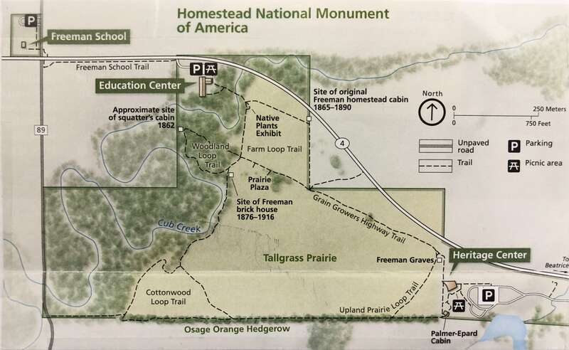 Homestead National Monument of America includes 2 Visitor centers, 2 Historic buildings, and 3 miles of trails to explore throughout the grounds.