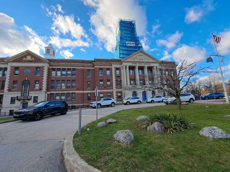 Hope High School Front Entrance with construction on the tower