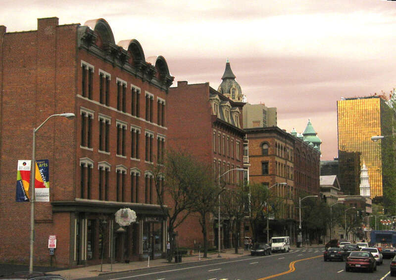 Main Street in Hartford, Connecticut, looking north. The nearest four buildings form the eastern boundary of the Buckingham Square Historic District.
