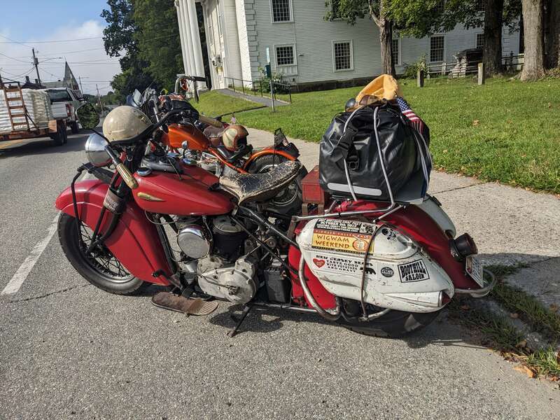 1948 Indian motorcycle at Old South Church, 146 Main Street in downtown Windsor, Vermont.