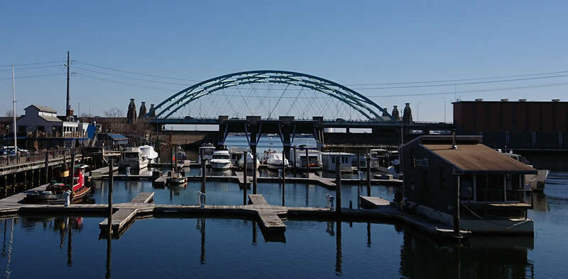 Providence River (Iway) Bridge viewed from the Point Street Bridge in Providence, Rhode Island