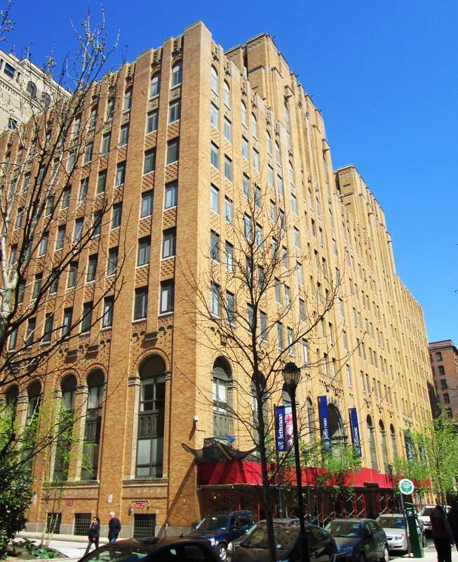 The College (near) and Curtis (far) Buildings of Thomas Jefferson University at 1025 Walnut Street between S. 10 and S. 11 Streets in Center City, Philadelphia was built in 1928-29 and was designed by Horace Trumbauer in the Romanesque Revial style.