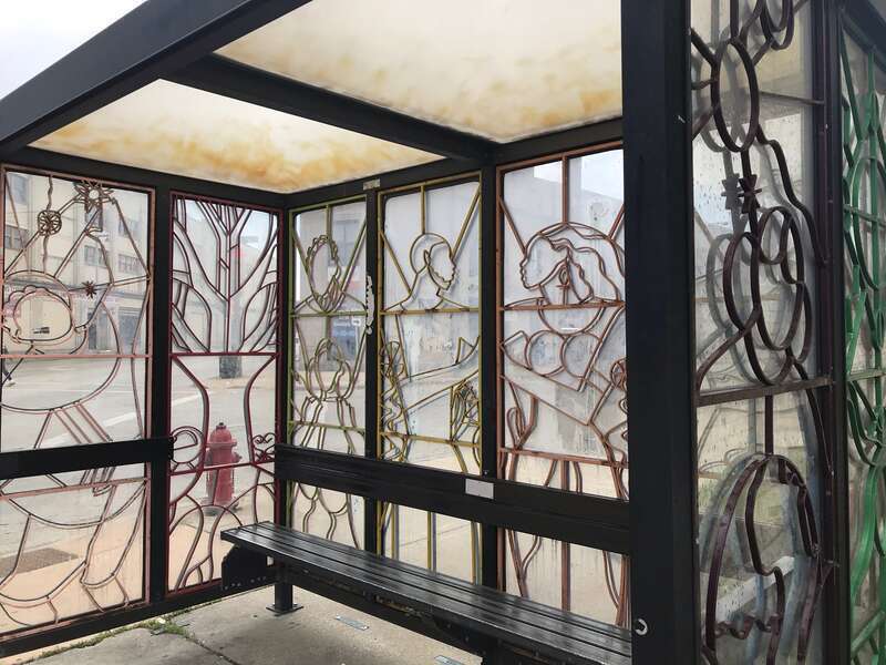 Kindred Ties bus shelter sculpture by Evelyn Patricia Terry in Milwaukee, Wisconsin