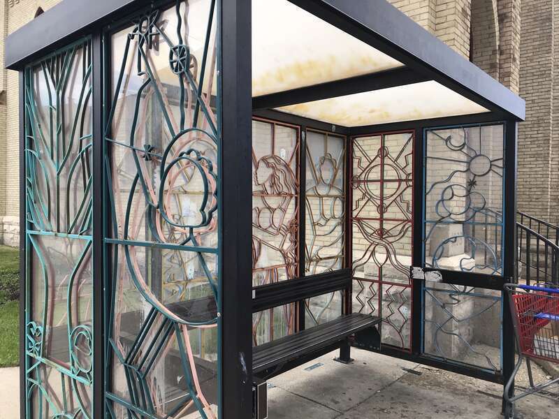 Kindred Ties bus shelter sculpture by Evelyn Patricia Terry in Milwaukee, Wisconsin
