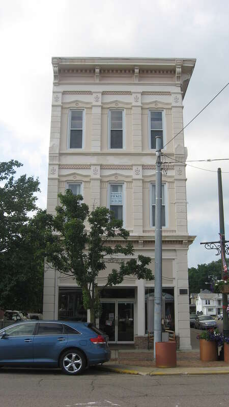 Front of the McCarthy-Blosser-Dillon Building, located at 4 W. Main St. in Logan, Ohio, United States.  Built in 1883, it is listed on the National Register of Historic Places, and it is part of a Register-listed historic district, the Logan Historic