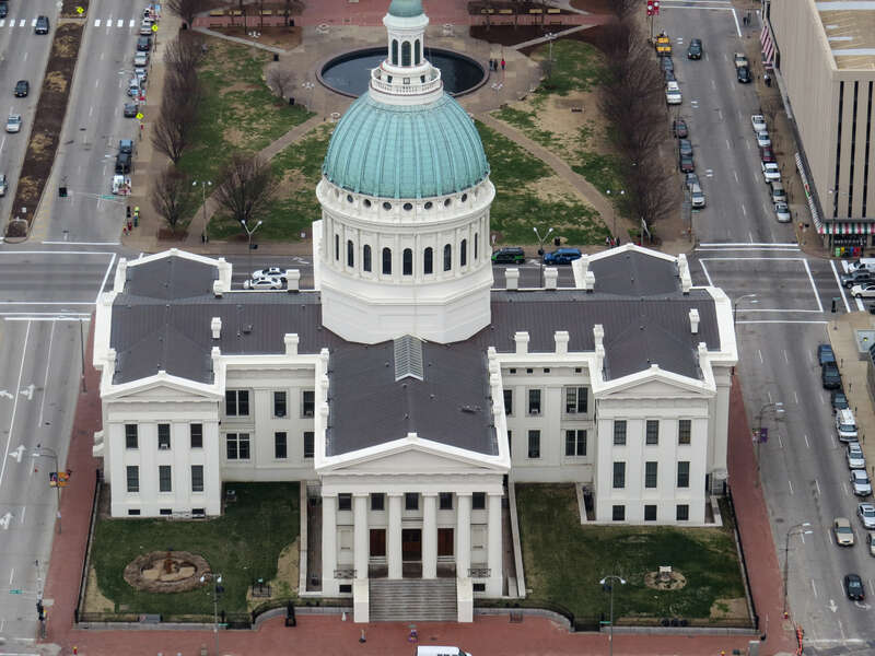 High angle view of the historic Old Saint Louis County Courthouse from the top of the Gateway Arch, Saint Louis, Missouri, USA.