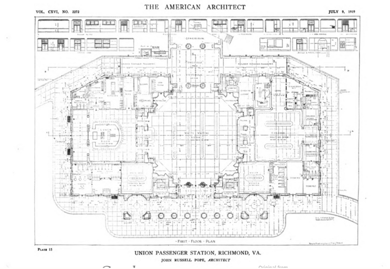 Main floor plan of Richmond Broad Street Station (originally Union Station), 2500 West Broad Street, Richmond, Virginia. Later, &quot;Science Museum of Virginia&quot;. Opened 1917. Passenger rail services ended in 1975. Note the racially segregated waiting