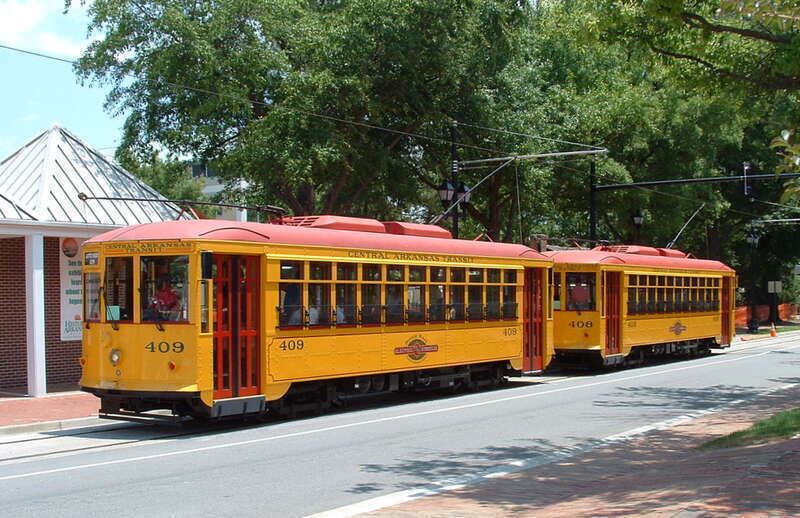 Two River Rail streetcars pause at the Historic Arkansas Museum stop, Little Rock, Arkansas.