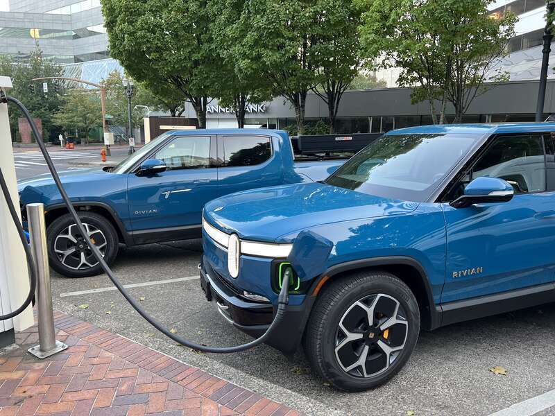 We parked our Rivian at a charger, and an identical configuration rolled up right next to it!