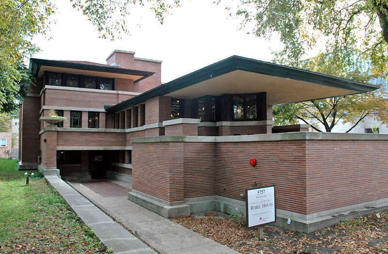 Frank Lloyd Wright's Robie House on the campus of the University of Chicago in Chicago, Illinois.