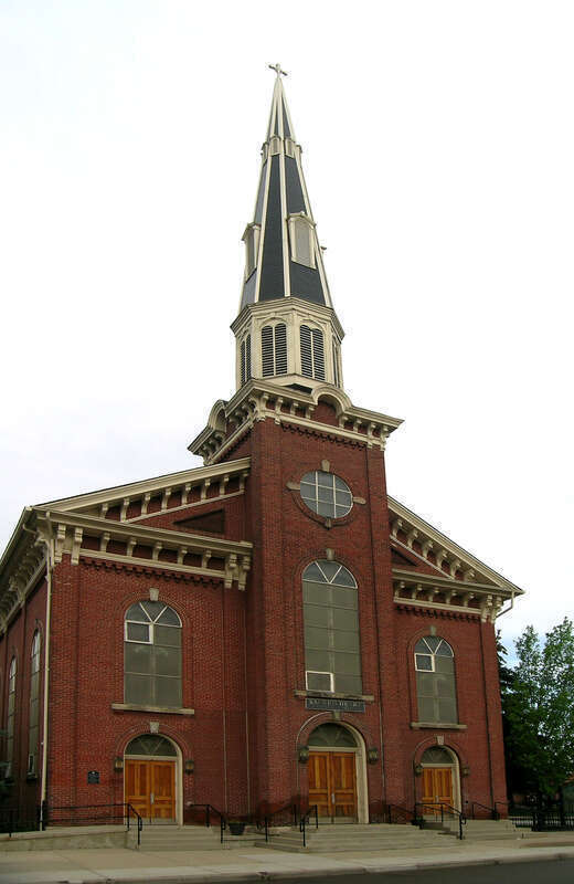 The facade of the Sacred Heart Catholic church in Detroit, Michigan, USA.