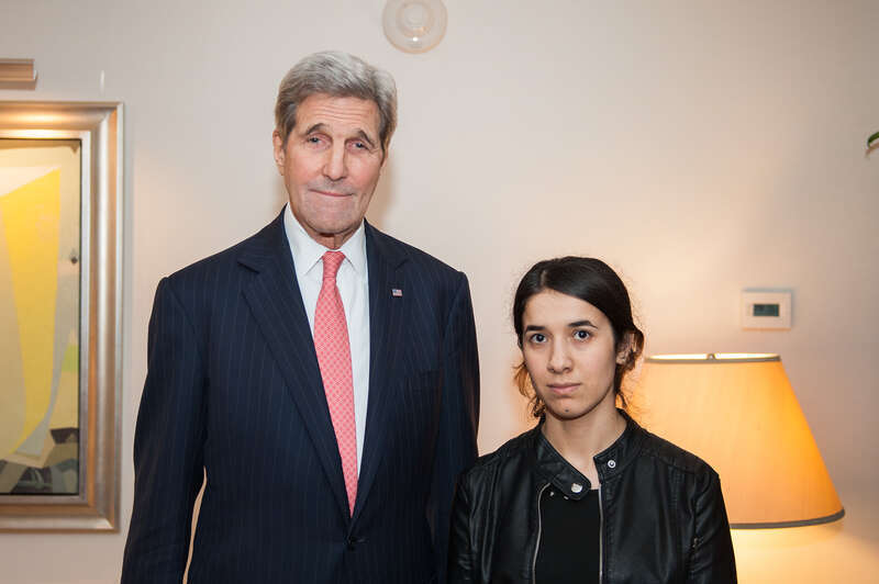 US Secretary of State John Kerry meets with ISIL trafficking survivor Nadia Murad Basee Taha in New York, on 17 December 2015.