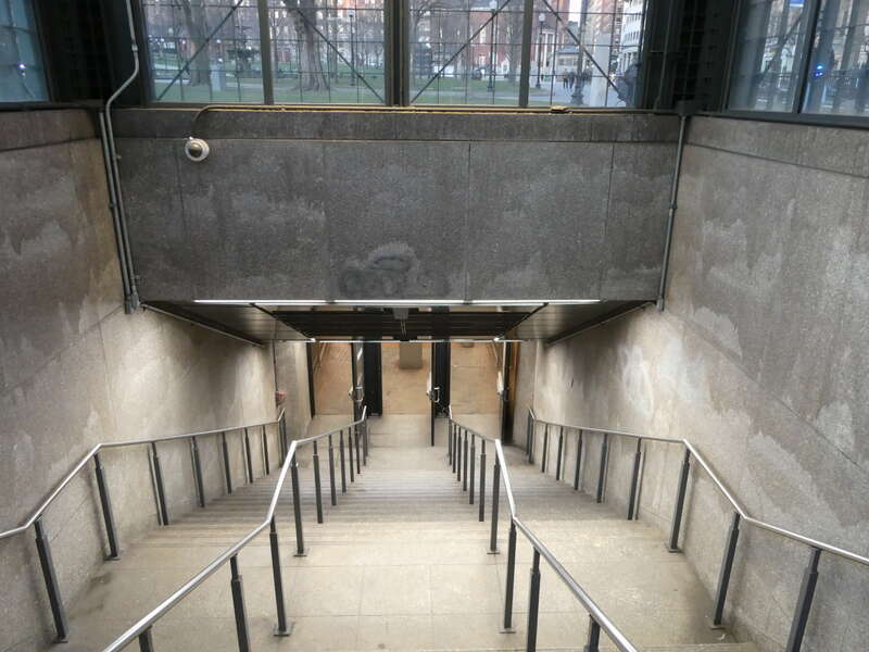 Stairs inside the south headhouse at Park Street station in March 2022