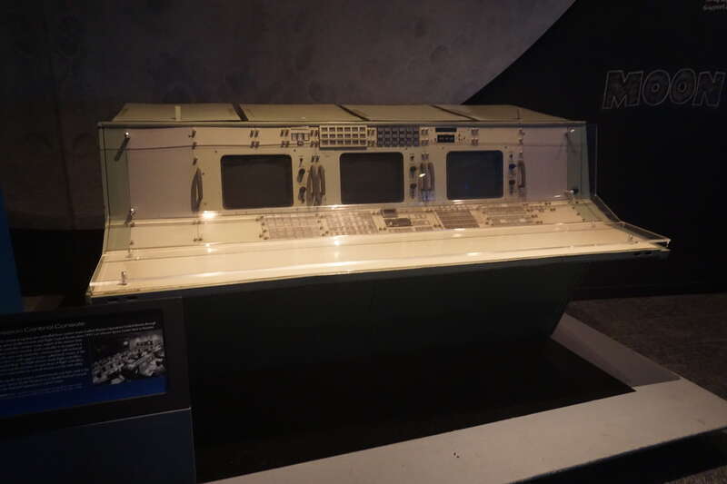 A Mission Control console on display at Space Center Houston in Houston, Texas (United States).